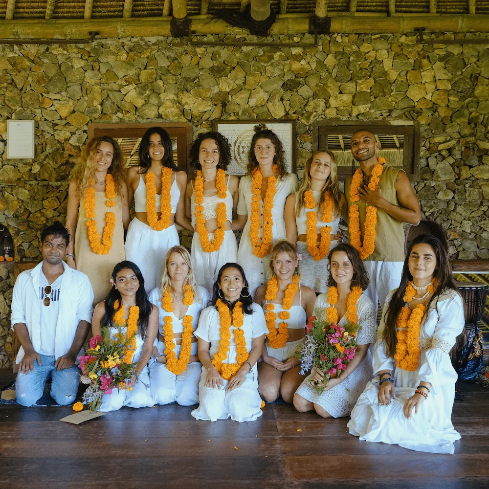 Closing Ceremony at Ashtari Yoga in Kuta Lombok, Students lined up with their flower necklaces