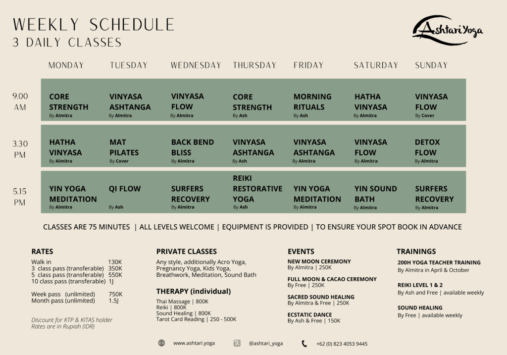 Ashtari Yoga Schedule, Kuta. Lombok